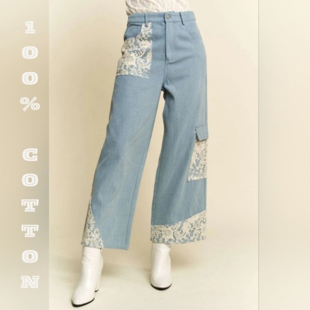 100% Cotton Lace Applique Wide Leg Jeans